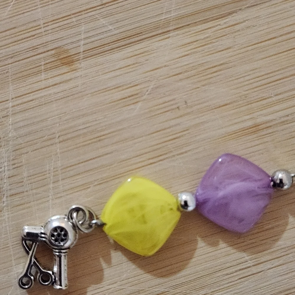 Lavender and Yellow Bead Earrings With Silver Blow Dryer And Scissors Charm